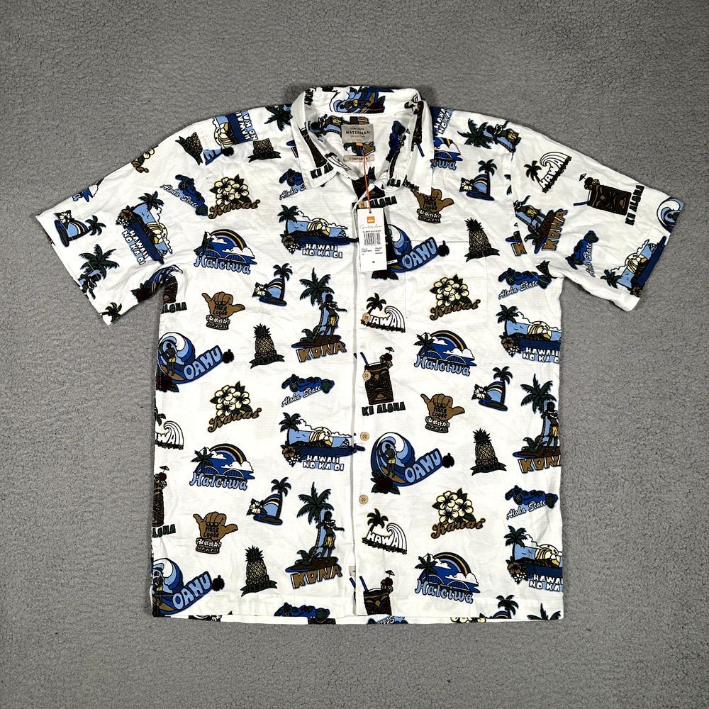 Quiksilver Waterman Shirt Mens Medium White Hawaiian Graphic Island Souvenir NWT